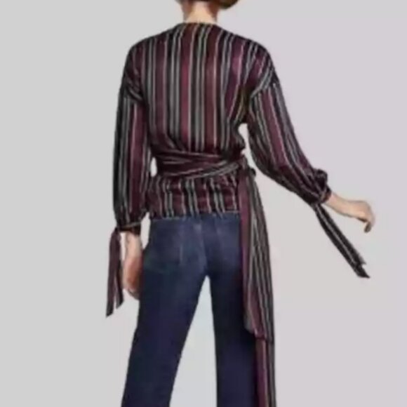 Zara Basics Collection Long Sleeve Striped Wrap Top in Maroon/Navy/Black/Gold - Picture 3 of 17
